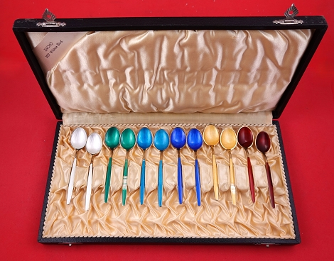 Demitasse Spoon set of 12 in fitted box enameled handle and bowl some enamel loss red, yellow, cobalt blue, aqua, sea green, and white 3 3/4